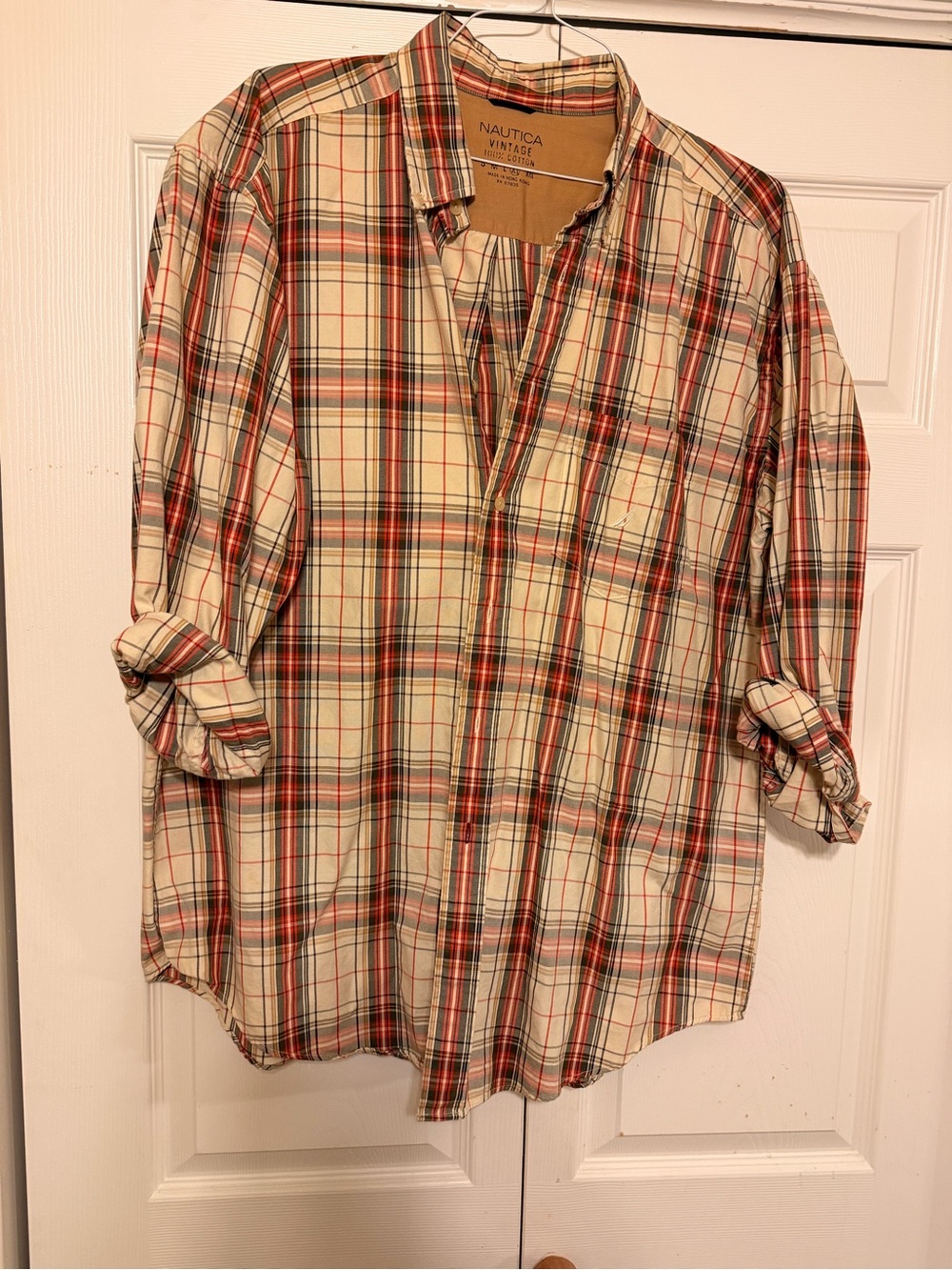 Nautica men’s Plaid Button-Up Shirt — Cream & Red